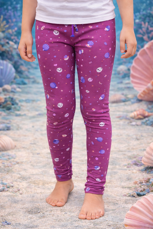 YAKSHI Heavy 220 GSM Pure Cotton Kids Legging | Magenta Seashells Print Soft, Durable | Stretchy Pants for Girls | Ideal for Regular Long Use