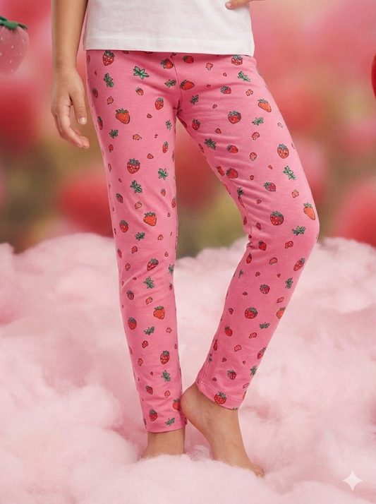 YAKSHI Premium Kids Legging | Mauve Pink Strawberries Print Heavy 220 GSM Pure Cotton Comfortable | Long-Use Wear