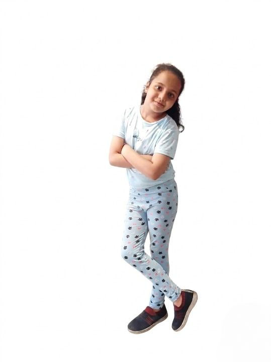 YAKSHI Heavy 220 GSM Pure Cotton Kids Legging | Sky Blue Kitten Print Soft | Durable Stretch Pants for Girls | Long-Lasting Comfort