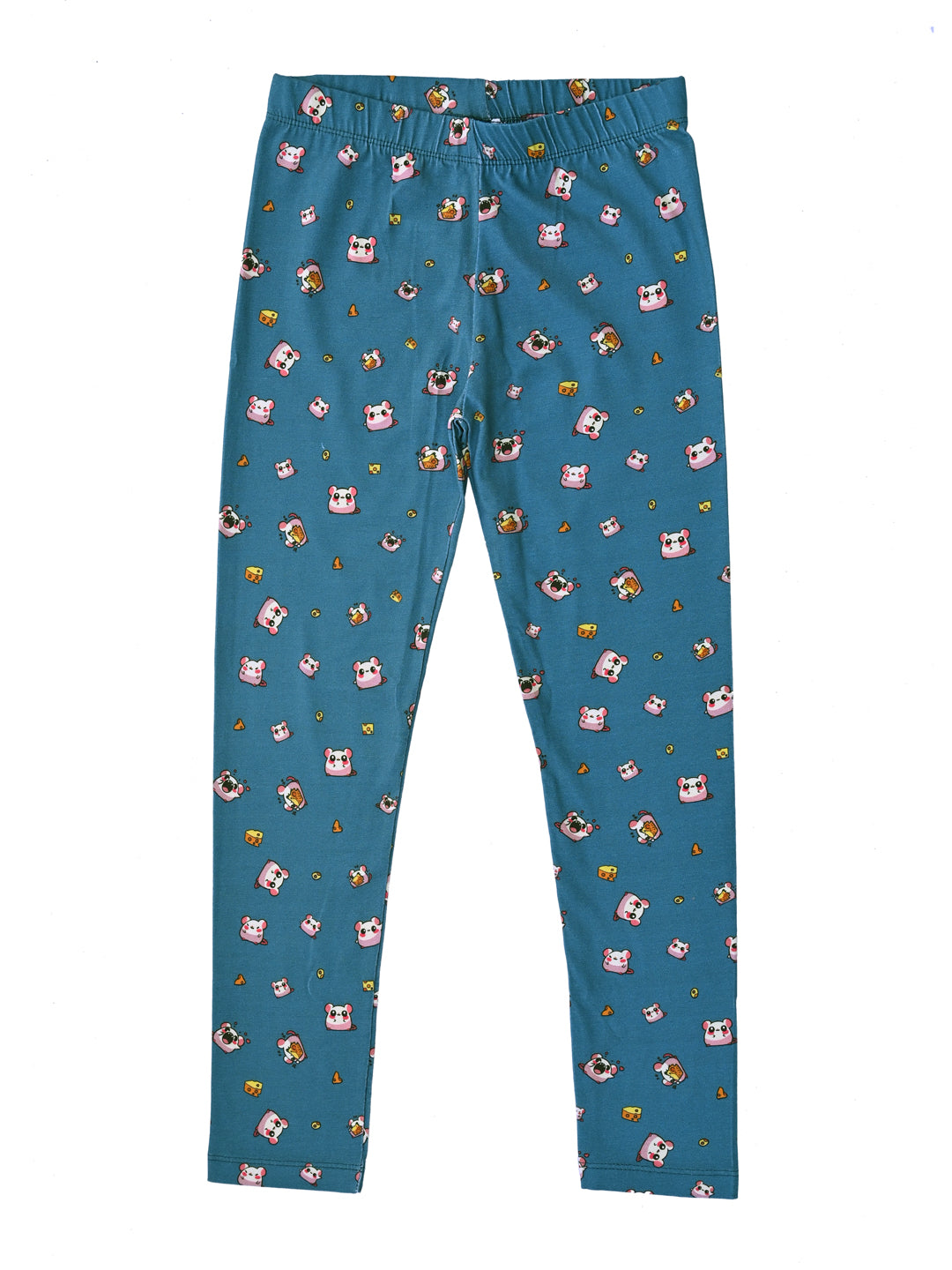 YAKSHI Heavy 220 GSM Pure Cotton Kids Legging | Teal Blue Mouse Print Soft, Durable | Stretchy Pants for Girls | Ideal for Regular Long Use