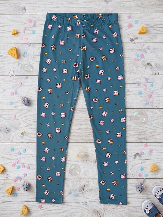 YAKSHI Heavy 220 GSM Pure Cotton Kids Legging | Teal Blue Mouse Print Soft, Durable | Stretchy Pants for Girls | Ideal for Regular Long Use