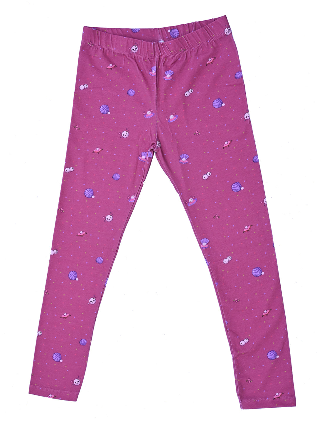 YAKSHI Heavy 220 GSM Pure Cotton Kids Legging | Magenta Seashells Print Soft, Durable | Stretchy Pants for Girls | Ideal for Regular Long Use