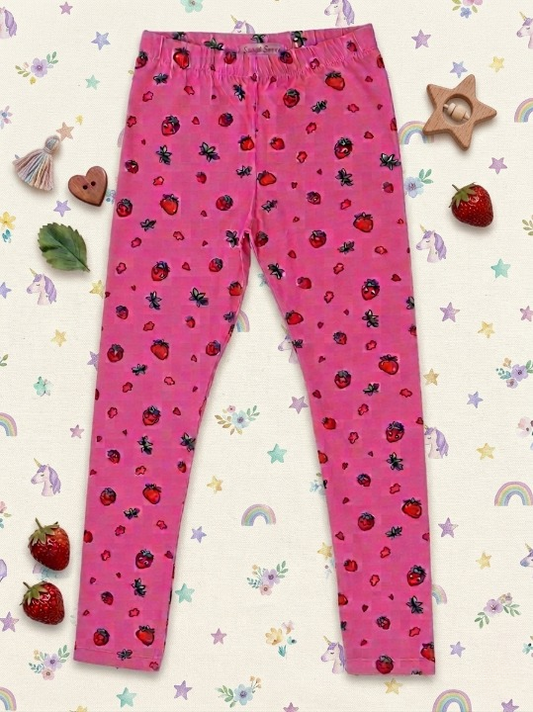 YAKSHI Premium Kids Legging | Mauve Pink Strawberries Print Heavy 220 GSM Pure Cotton Comfortable | Long-Use Wear