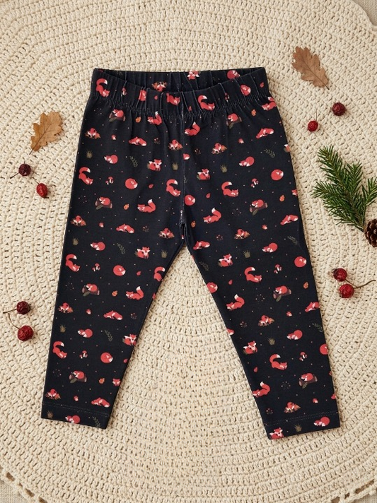 YAKSHI Girls Pure Cotton Legging 220 GSM | Cute Fox Print, Black Soft | Stretchy Pants