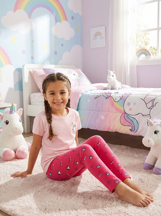 YAKSHI Pink Unicorn Print Kids Legging | Heavy 220 GSM Pure Cotton Long-Lasting | Stretchable Bottom Wear for Girls